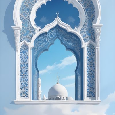 Digital Painting A Large Ornate Arched Window With Intricate Islamic Style Patterns And Designs Framing A Bright Blue Sky In The Background Bold And Slim Lines Brush Strokes 3 924c