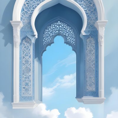 Digital Painting A Large Ornate Arched Window With Intricate Islamic Style Patterns And Designs Framing A Bright Blue Sky In The Background Bold And Slim Lines Brush Strokes 4 0aba