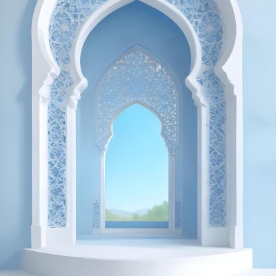 Digital Painting A Large Ornate Arched Window With Intricate Islamic Style Patterns And Designs Framing A Bright Blue Sky In The Background Bold And Slim Lines Brush Strokes 5 97f0