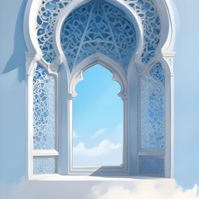 Digital Painting A Large Ornate Arched Window With Intricate Islamic Style Patterns And Designs Framing A Bright Blue Sky In The Background Bold And Slim Lines Brush Strokes 6 8c0a