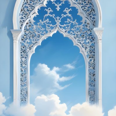 Digital Painting A Large Ornate Arched Window With Intricate Islamic Style Patterns And Designs Framing A Bright Blue Sky In The Background Bold And Slim Lines Brush Strokes 7 2f51