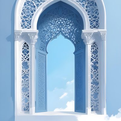 Digital Painting A Large Ornate Arched Window With Intricate Islamic Style Patterns And Designs Framing A Bright Blue Sky In The Background Bold And Slim Lines Brush Strokes 8 E95b