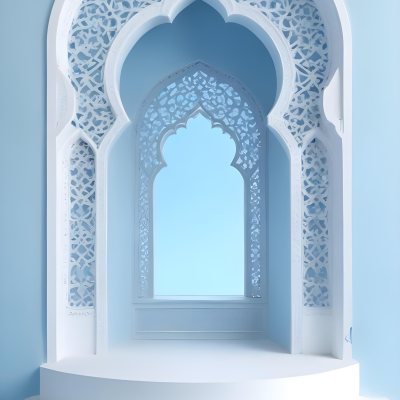 Digital Painting A Large Ornate Arched Window With Intricate Islamic Style Patterns And Designs Framing A Bright Blue Sky In The Background Bold And Slim Lines Brush Strokes 9 088d
