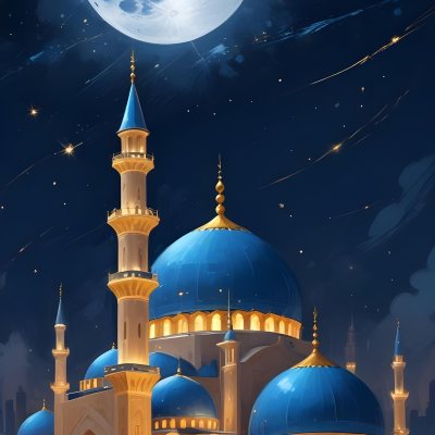 Digital Painting A Mosque With Golden Domes And Blue Towers At Night A Full Moon In The Sky Stars Scattered Around And A City With Lights In The Background Bold And Slim Lines Brush Strokes 12 8f51