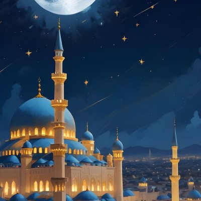 Digital Painting A Mosque With Golden Domes And Blue Towers At Night A Full Moon In The Sky Stars Scattered Around And A City With Lights In The Background Bold And Slim Lines Brush Strokes 13 59a3