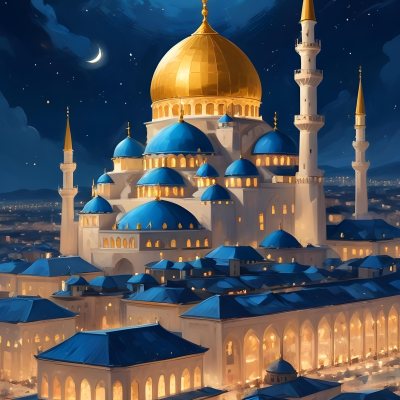 Digital Painting A Mosque With Golden Domes And Blue Towers At Night A Full Moon In The Sky Stars Scattered Around And A City With Lights In The Background Bold And Slim Lines Brush Strokes 15 B63b
