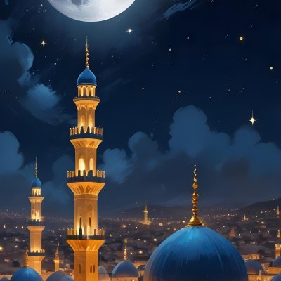 Digital Painting A Mosque With Golden Domes And Blue Towers At Night A Full Moon In The Sky Stars Scattered Around And A City With Lights In The Background Bold And Slim Lines Brush Strokes 19 D764