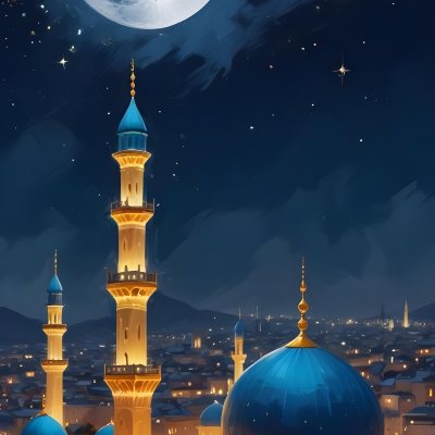 Digital Painting A Mosque With Golden Domes And Blue Towers At Night A Full Moon In The Sky Stars Scattered Around And A City With Lights In The Background Bold And Slim Lines Brush Strokes 24 4bf5