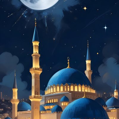 Digital Painting A Mosque With Golden Domes And Blue Towers At Night A Full Moon In The Sky Stars Scattered Around And A City With Lights In The Background Bold And Slim Lines Brush Strokes 3 4089