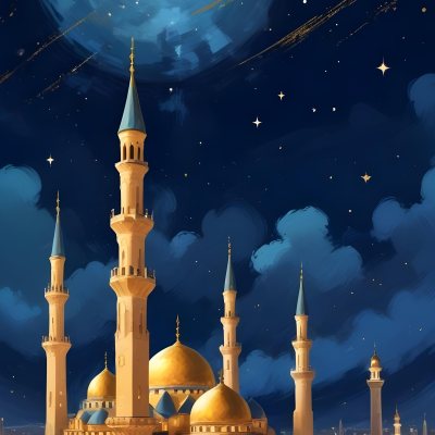 Digital Painting A Mosque With Golden Domes And Blue Towers At Night A Full Moon In The Sky Stars Scattered Around And A City With Lights In The Background Bold And Slim Lines Brush Strokes 4 F0b8