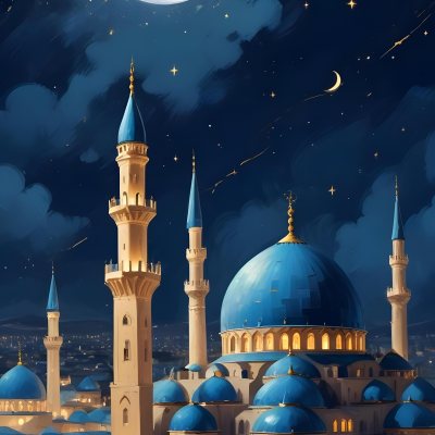 Digital Painting A Mosque With Golden Domes And Blue Towers At Night A Full Moon In The Sky Stars Scattered Around And A City With Lights In The Background Bold And Slim Lines Brush Strokes 6 D78b