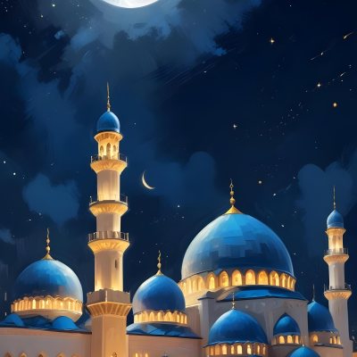 Digital Painting A Mosque With Golden Domes And Blue Towers At Night A Full Moon In The Sky Stars Scattered Around And A City With Lights In The Background Bold And Slim Lines Brush Strokes 7 D91f