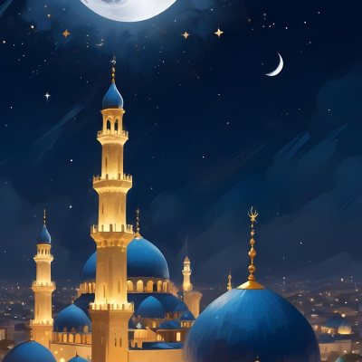 Digital Painting A Mosque With Golden Domes And Blue Towers At Night A Full Moon In The Sky Stars Scattered Around And A City With Lights In The Background Bold And Slim Lines Brush Strokes 9 5396
