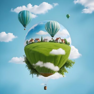 Green Planet With Grass Flowers And Buildings With A Blue And White Hot Air Balloon Flying In A Blue Sky With Clouds 177 5dae