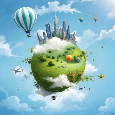 Green Planet With Grass Flowers And Buildings With A Blue And White Hot Air Balloon Flying In A Blue Sky With Clouds 180 Eb7a