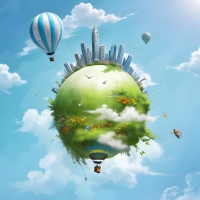 Green Planet With Grass Flowers And Buildings With A Blue And White Hot Air Balloon Flying In A Blue Sky With Clouds 186 D086