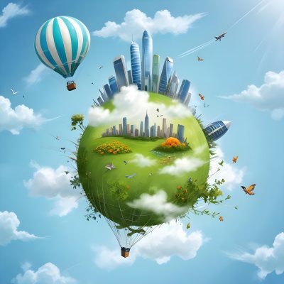 Green Planet With Grass Flowers And Buildings With A Blue And White Hot Air Balloon Flying In A Blue Sky With Clouds 191 7731