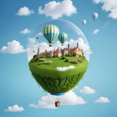 Green Planet With Grass Flowers And Buildings With A Blue And White Hot Air Balloon Flying In A Blue Sky With Clouds 198 C570