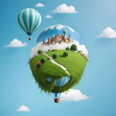 Green Planet With Grass Flowers And Buildings With A Blue And White Hot Air Balloon Flying In A Blue Sky With Clouds 201 A34d