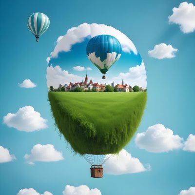 Green Planet With Grass Flowers And Buildings With A Blue And White Hot Air Balloon Flying In A Blue Sky With Clouds 80 9bb0