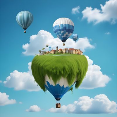 Green Planet With Grass Flowers And Buildings With A Blue And White Hot Air Balloon Flying In A Blue Sky With Clouds 81 2fd9