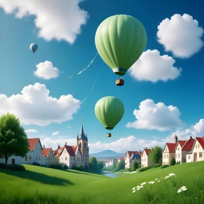 Green Planet With Grass Flowers And Buildings With A Blue And White Hot Air Balloon Flying In A Blue Sky With Clouds 87 98a9