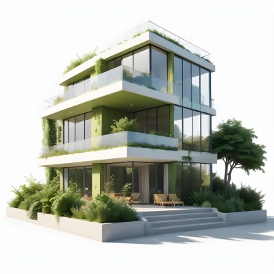 Modern Minimalist Green Three Story House With Large Windows And Green Roof Surrounded By Green Trees And Plants Bright Sunlight Clean Lines Open Floor Plan Outdoor Seating Area 5 A9d4