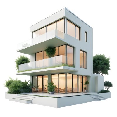 Modern Minimalist Green Three Story House With Large Windows And Green Roof Surrounded By Green Trees And Plants Bright Sunlight Clean Lines Open Floor Plan Outdoor Seating Area 6 E332