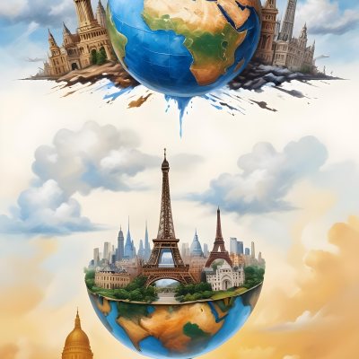 Oil Painting Earth Globe With Famous Monuments On Top Clouds Background Creative Extremely Detailed Brush Stroke 47 6291