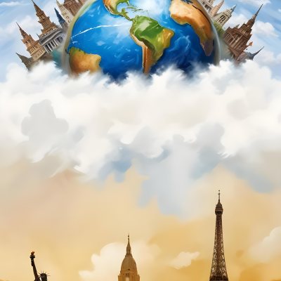Oil Painting Earth Globe With Famous Monuments On Top Clouds Background Creative Extremely Detailed Brush Stroke 59 Bf97