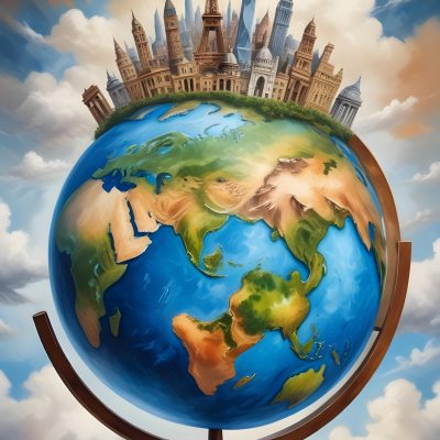 Oil Painting Earth Globe With Famous Monuments On Top Clouds Background Creative Extremely Detailed Brush Stroke 67 6d03