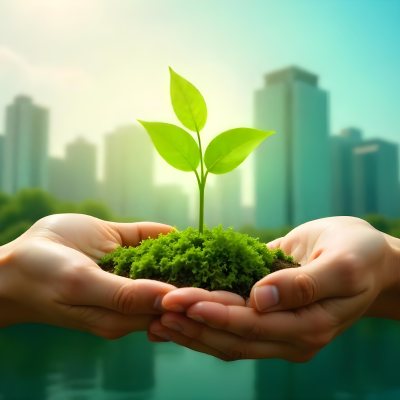 Two Hands Holding A Green Sprout In The Background A City With Skyscrapers And A Globe Concept Of Environmental Protection And Sustainability 13 Eb5b