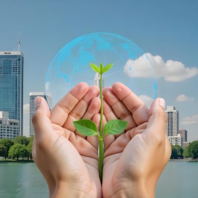 Two Hands Holding A Green Sprout In The Background A City With Skyscrapers And A Globe Concept Of Environmental Protection And Sustainability 20 A13b