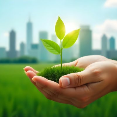 Two Hands Holding A Green Sprout In The Background A City With Skyscrapers And A Globe Concept Of Environmental Protection And Sustainability 23 E06a