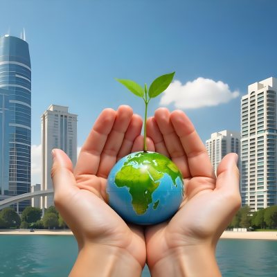 Two Hands Holding A Green Sprout In The Background A City With Skyscrapers And A Globe Concept Of Environmental Protection And Sustainability 25 5066
