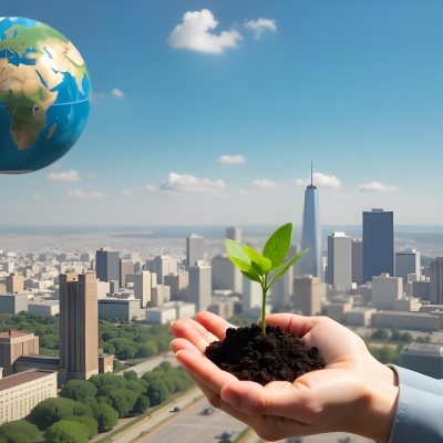 Two Hands Holding A Green Sprout In The Background A City With Skyscrapers And A Globe Concept Of Environmental Protection And Sustainability 26 Ea2f