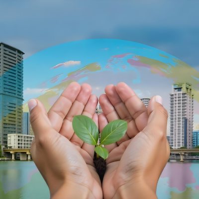 Two Hands Holding A Green Sprout In The Background A City With Skyscrapers And A Globe Concept Of Environmental Protection And Sustainability 3 D13b