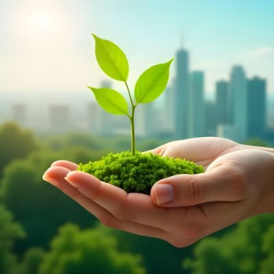 Two Hands Holding A Green Sprout In The Background A City With Skyscrapers And A Globe Concept Of Environmental Protection And Sustainability 30 66c6
