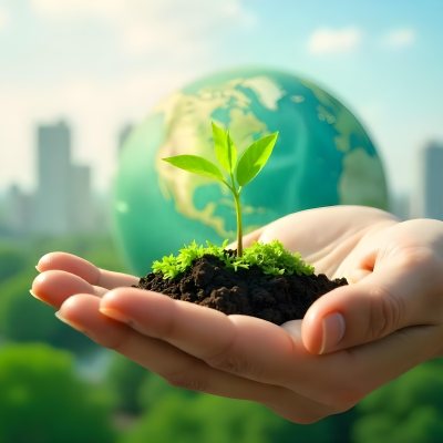 Two Hands Holding A Green Sprout In The Background A City With Skyscrapers And A Globe Concept Of Environmental Protection And Sustainability 34 5697