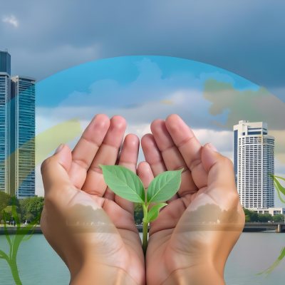 Two Hands Holding A Green Sprout In The Background A City With Skyscrapers And A Globe Concept Of Environmental Protection And Sustainability 5 Bdf3