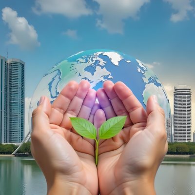 Two Hands Holding A Green Sprout In The Background A City With Skyscrapers And A Globe Concept Of Environmental Protection And Sustainability 7 Baed