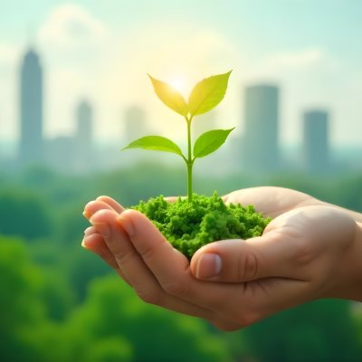 Two Hands Holding A Green Sprout In The Background A City With Skyscrapers And A Globe Concept Of Environmental Protection And Sustainability 8 2a74