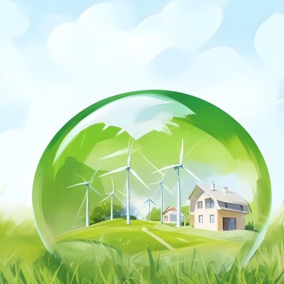 Wind Turbines And A House Inside A Blue Bubble On A Green Grass Field With A Bright Blue Sky Background 13 9766