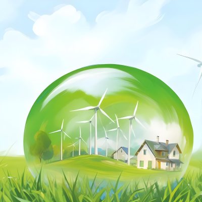 Wind Turbines And A House Inside A Blue Bubble On A Green Grass Field With A Bright Blue Sky Background 14 6d9c