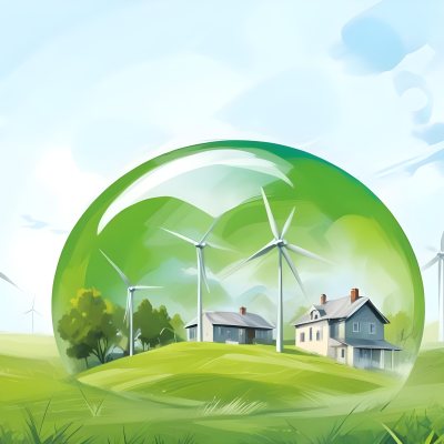 Wind Turbines And A House Inside A Blue Bubble On A Green Grass Field With A Bright Blue Sky Background 23 6096
