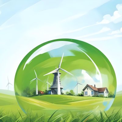 Wind Turbines And A House Inside A Blue Bubble On A Green Grass Field With A Bright Blue Sky Background 24 902a