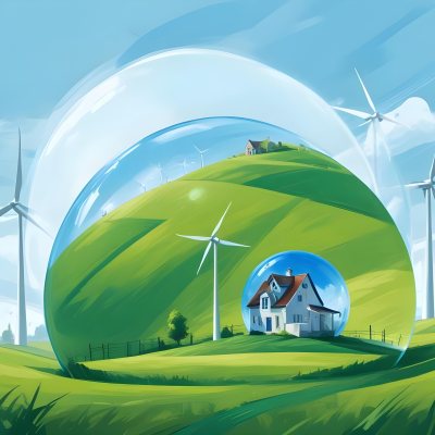 Wind Turbines And A House Inside A Blue Bubble On A Green Grass Field With A Bright Blue Sky Background 26 161a