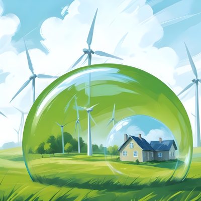 Wind Turbines And A House Inside A Blue Bubble On A Green Grass Field With A Bright Blue Sky Background 29 0fb9