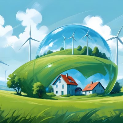Wind Turbines And A House Inside A Blue Bubble On A Green Grass Field With A Bright Blue Sky Background 3 0ad8