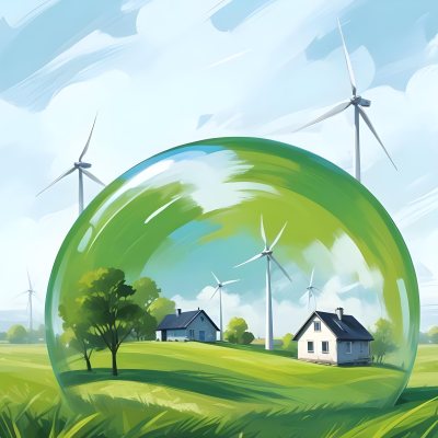 Wind Turbines And A House Inside A Blue Bubble On A Green Grass Field With A Bright Blue Sky Background 30 Db37